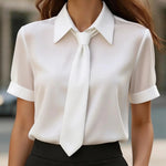 Zeagoo Elegant Satin Tie Design Short Sleeve Blouse for Women Elegant Office Work Dressy 2026 | Under $40