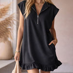 Cute Casual Double Pocket Ruffle Hem Sleeveless Dress
