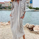 Classic Casual Stripe Shirt Dress with Pockets
