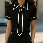 Elegant Contrast Trim Tie Long Sleeve Blouse