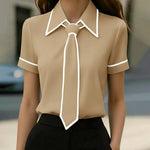 Elegant Contrast Trim Tie Long Sleeve Blouse
