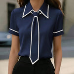 Elegant Contrast Trim Tie Long Sleeve Blouse