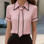 Elegant Contrast Trim Tie Long Sleeve Blouse