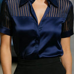 Satin Patchwork Sheer Striped Short Sleeve Blouse
