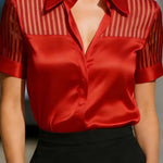 Satin Patchwork Sheer Striped Short Sleeve Blouse