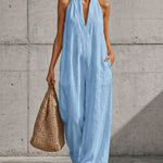 Casual Halter V-Neck Wide Leg Loose Overalls with Pockets