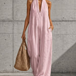 Casual Halter V-Neck Wide Leg Loose Overalls with Pockets