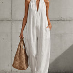 Casual Halter V-Neck Wide Leg Loose Overalls with Pockets
