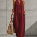Casual Halter V-Neck Wide Leg Loose Overalls with Pockets