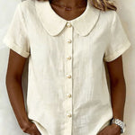Casual Cotton Blend Short Sleeve Peter Pan Collar Blouse