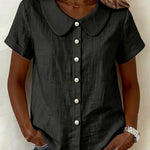 Casual Cotton Blend Short Sleeve Peter Pan Collar Blouse