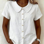 Casual Cotton Blend Short Sleeve Peter Pan Collar Blouse