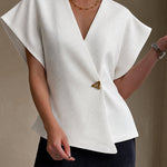Minimalism Textured Short Sleeve V-neck Blouse