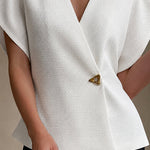 Minimalism Textured Short Sleeve V-neck Blouse