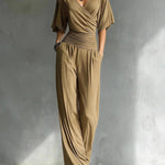 Cold Shoulder Wrap V Neck Wide Leg Jumpsuit