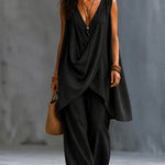 Casual Sleeveless V-Neck Draped Top And Wide Leg Pants Set