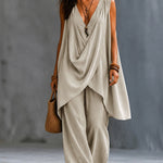 Casual Sleeveless V-Neck Draped Top And Wide Leg Pants Set