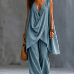 Casual Sleeveless V-Neck Draped Top And Wide Leg Pants Set