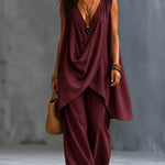 Casual Sleeveless V-Neck Draped Top And Wide Leg Pants Set