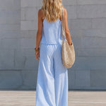 Casual Plaid Sleeveless Top and Wide-Leg Pants Set