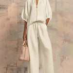 Versatile Casual Zip Front Puff Sleeve Shirt and Pants Set