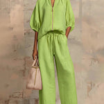 Versatile Casual Zip Front Puff Sleeve Shirt and Pants Set