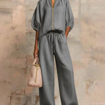 Versatile Casual Zip Front Puff Sleeve Shirt and Pants Set