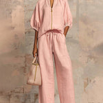 Versatile Casual Zip Front Puff Sleeve Shirt and Pants Set