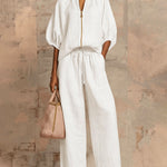 Versatile Casual Zip Front Puff Sleeve Shirt and Pants Set