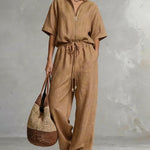Leisure Zip Front Stand Collar Shirt and Pants Set