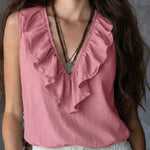 Casual Ruffled Neckline V-Neck Sleeveless Top
