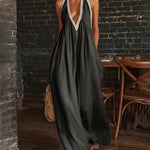 Boho Halter Deep V Wide Leg Lace Trim Jumpsuit