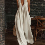 Boho Halter Deep V Wide Leg Lace Trim Jumpsuit