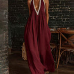 Boho Halter Deep V Wide Leg Lace Trim Jumpsuit