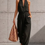 Casual Elastic Waist Halter Neck Wide-Leg Jumpsuit