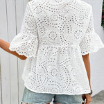 Boho-Chic Embroidery Eyelet Ruffle Sleeve Shirt
