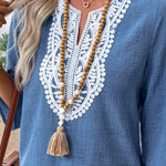Bohemian Lace Patchwork Cotton Blend 3/4 Sleeve Top