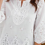 Bohemian Eyelet Embroidery Cotton Blend 3/4 Sleeve Top