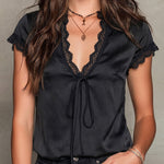 Alluring Lace-trimmed V-neck Satin Blouse
