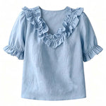 Cute French Style Ruffled Collar Puff Sleeve Top