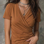 Versatile Crossover V-neck Pleated Short Sleeve T-shirt