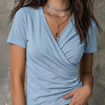 Versatile Crossover V-neck Pleated Short Sleeve T-shirt