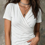 Versatile Crossover V-neck Pleated Short Sleeve T-shirt