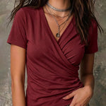 Versatile Crossover V-neck Pleated Short Sleeve T-shirt