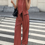 Elegant Casual Contrast Trim Vest and Pants Set