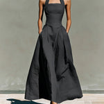 Retro French Style Halter Neck Cotton Linen Dress