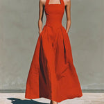 Retro French Style Halter Neck Cotton Linen Dress
