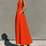 Retro French Style Halter Neck Cotton Linen Dress