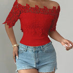 Floral Lace Spliced Off-Shoulder Fitted Top