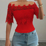 Floral Lace Spliced Off-Shoulder Fitted Top